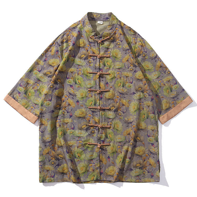Nimara Ritual Summer Colorful Floral Leaves Pattern Short Sleeve Frog-button Design Men's Cotton Shirt