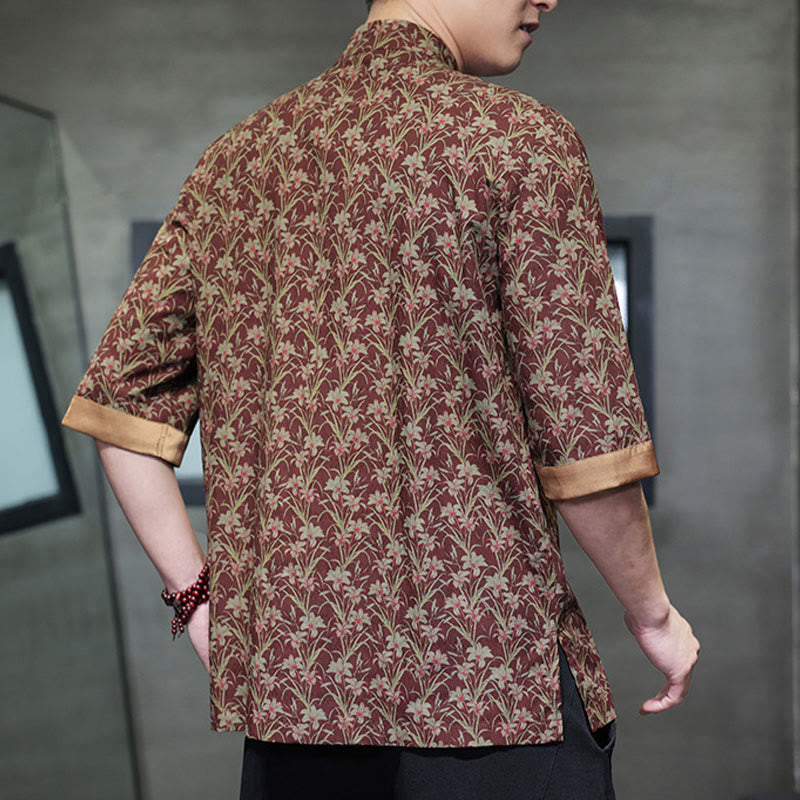 Nimara Ritual Summer Colorful Floral Leaves Pattern Short Sleeve Frog-button Design Men's Cotton Shirt