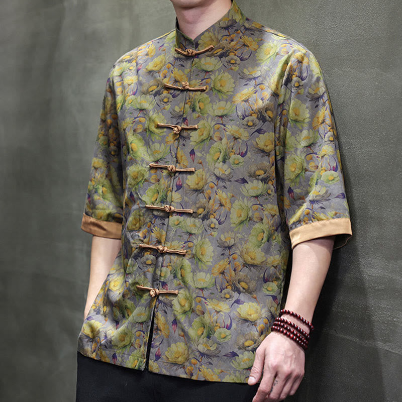 Nimara Ritual Summer Colorful Floral Leaves Pattern Short Sleeve Frog-button Design Men's Cotton Shirt