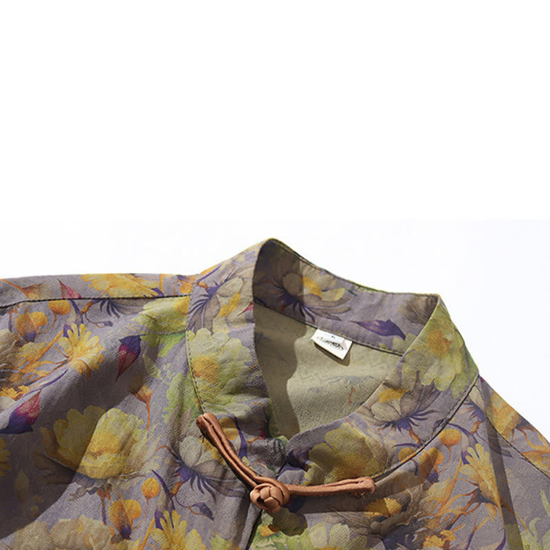 Nimara Ritual Summer Colorful Floral Leaves Pattern Short Sleeve Frog-button Design Men's Cotton Shirt