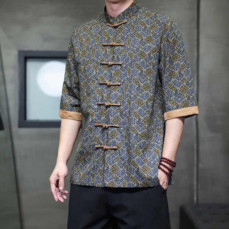 Nimara Ritual Summer Colorful Floral Leaves Pattern Short Sleeve Frog-button Design Men's Cotton Shirt