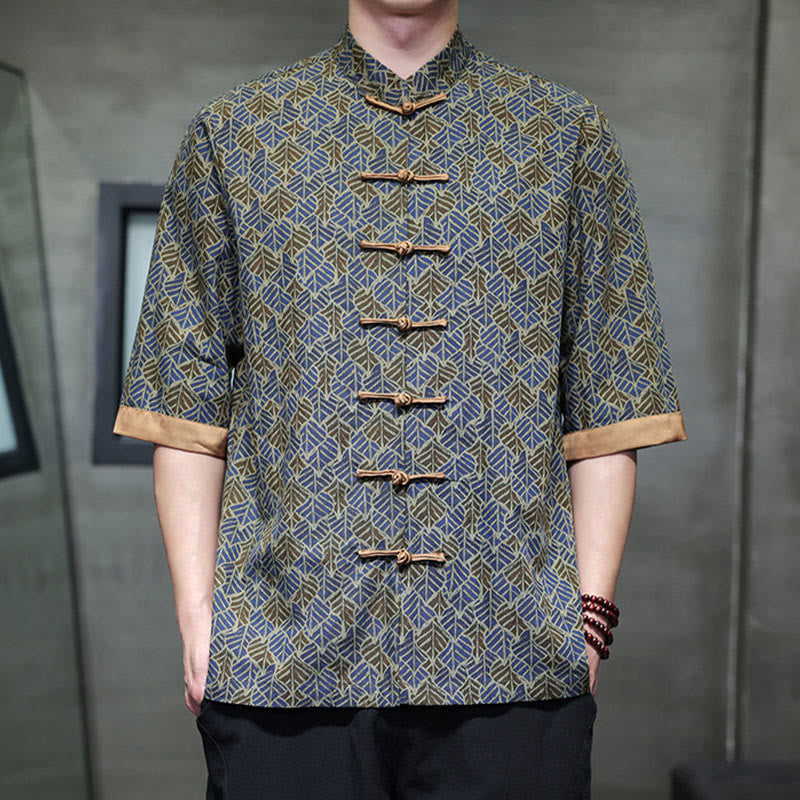 Nimara Ritual Summer Colorful Floral Leaves Pattern Short Sleeve Frog-button Design Men's Cotton Shirt