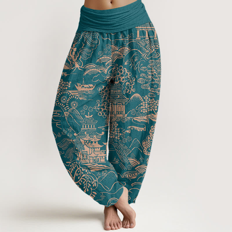 Nimara Ritual Cotton Exquisite Tree Building Cloud Pattern Women's Elastic Waist Harem Pants