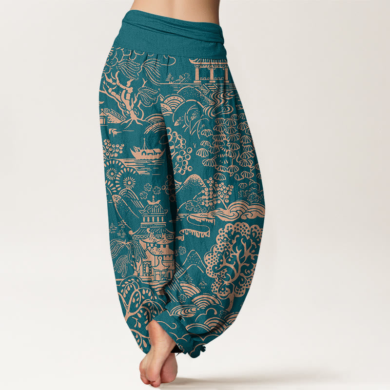 Nimara Ritual Cotton Exquisite Tree Building Cloud Pattern Women's Elastic Waist Harem Pants
