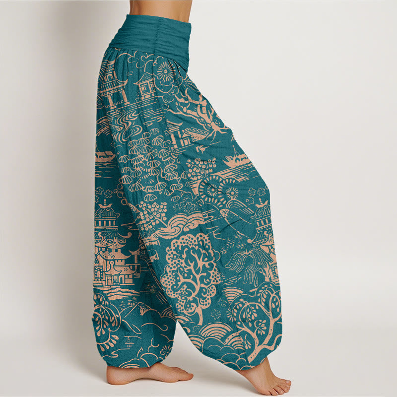 Nimara Ritual Cotton Exquisite Tree Building Cloud Pattern Women's Elastic Waist Harem Pants