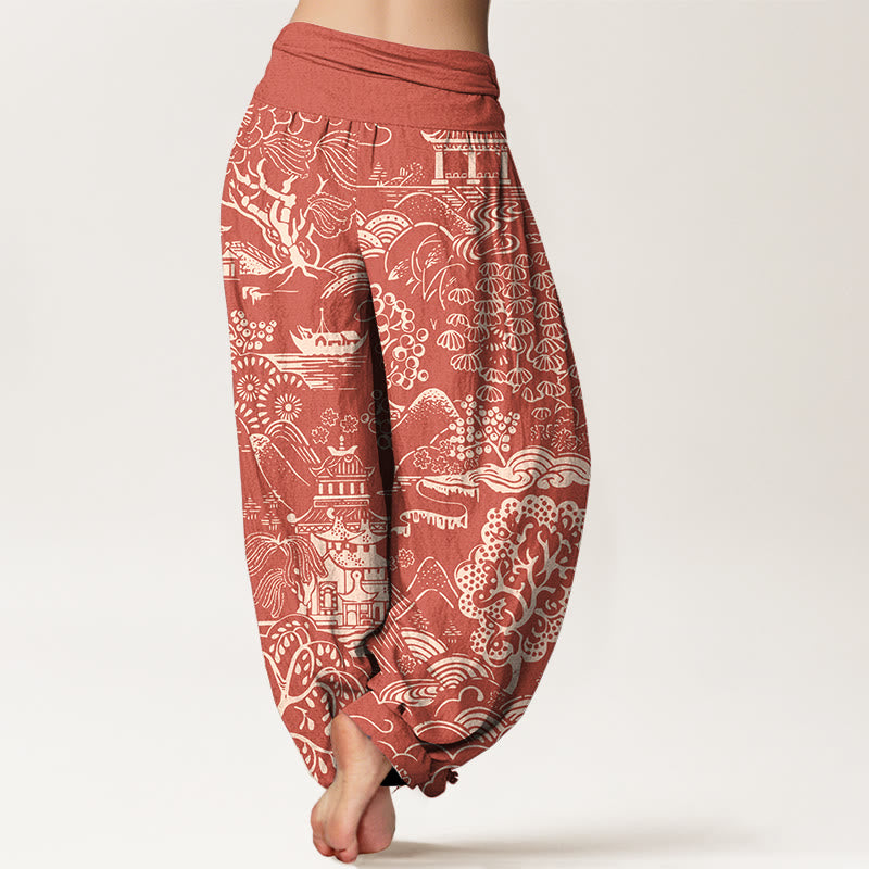 Nimara Ritual Cotton Exquisite Tree Building Cloud Pattern Women's Elastic Waist Harem Pants