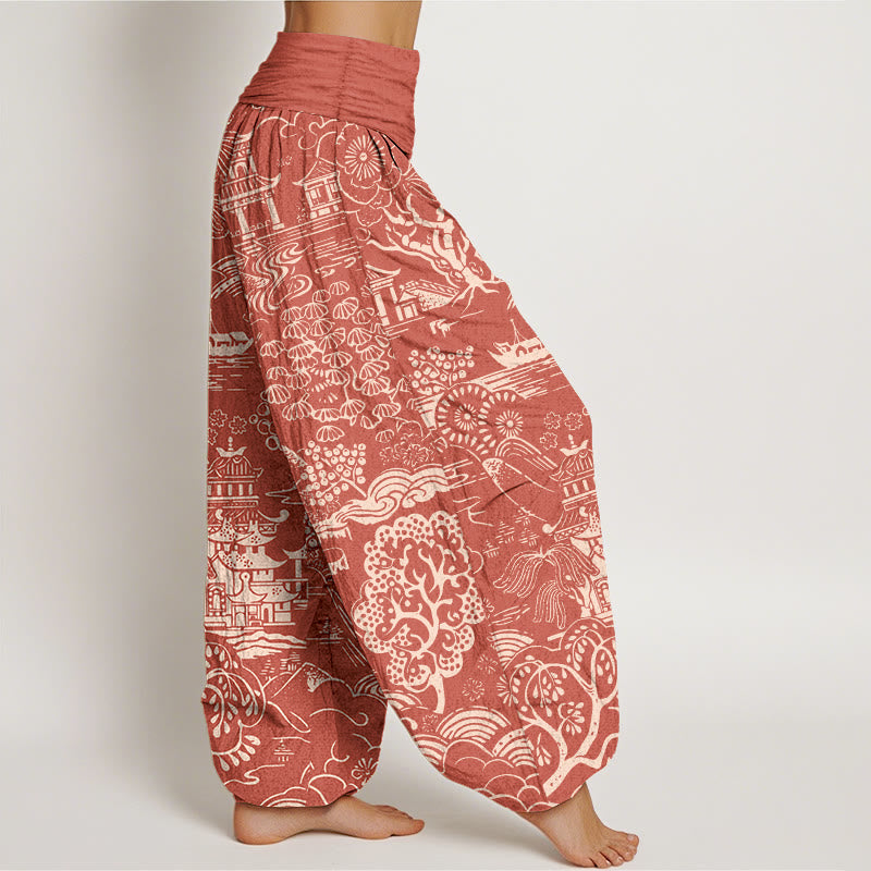 Nimara Ritual Cotton Exquisite Tree Building Cloud Pattern Women's Elastic Waist Harem Pants
