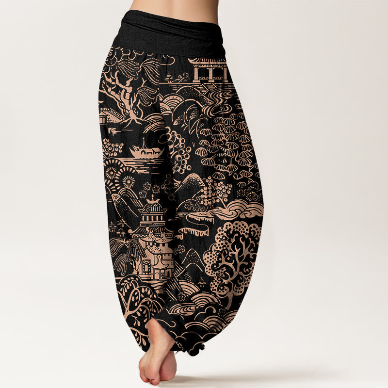 Nimara Ritual Cotton Exquisite Tree Building Cloud Pattern Women's Elastic Waist Harem Pants