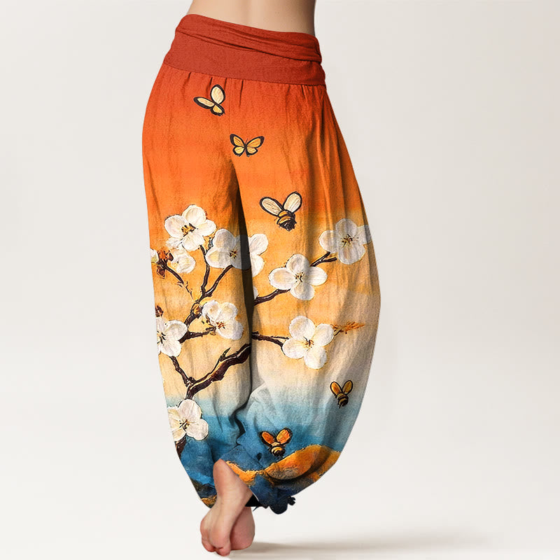Nimara Ritual Cotton Colourful Flower Butterfly Bee Pattern Women's Elastic Waist Harem Pants