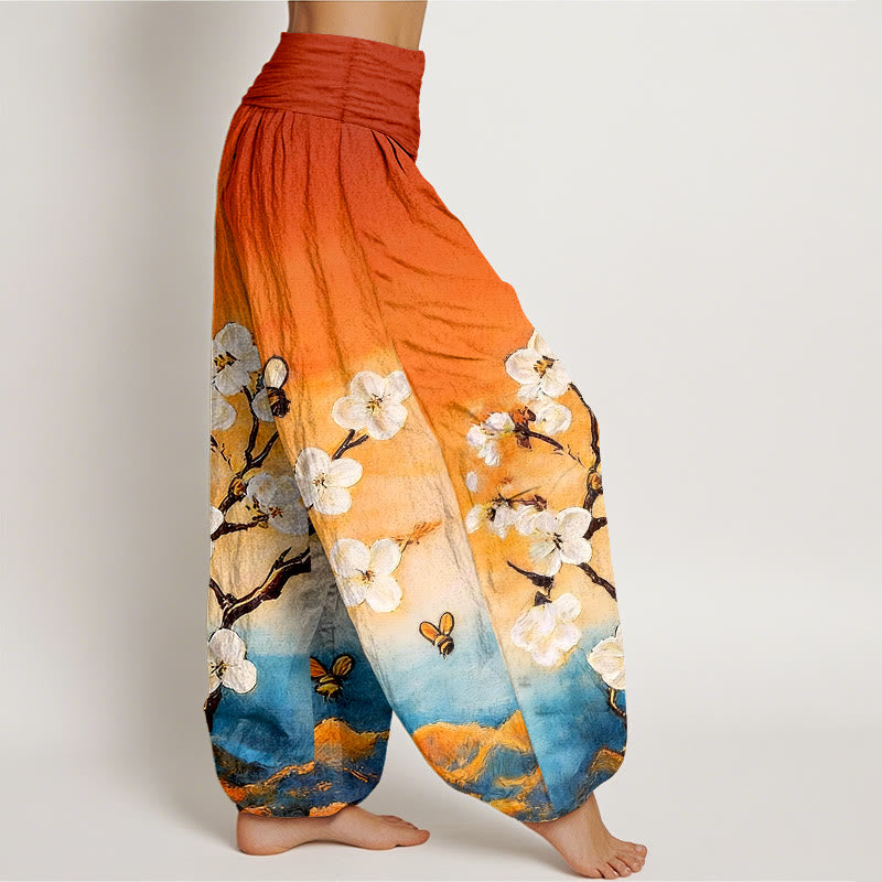 Nimara Ritual Cotton Colourful Flower Butterfly Bee Pattern Women's Elastic Waist Harem Pants