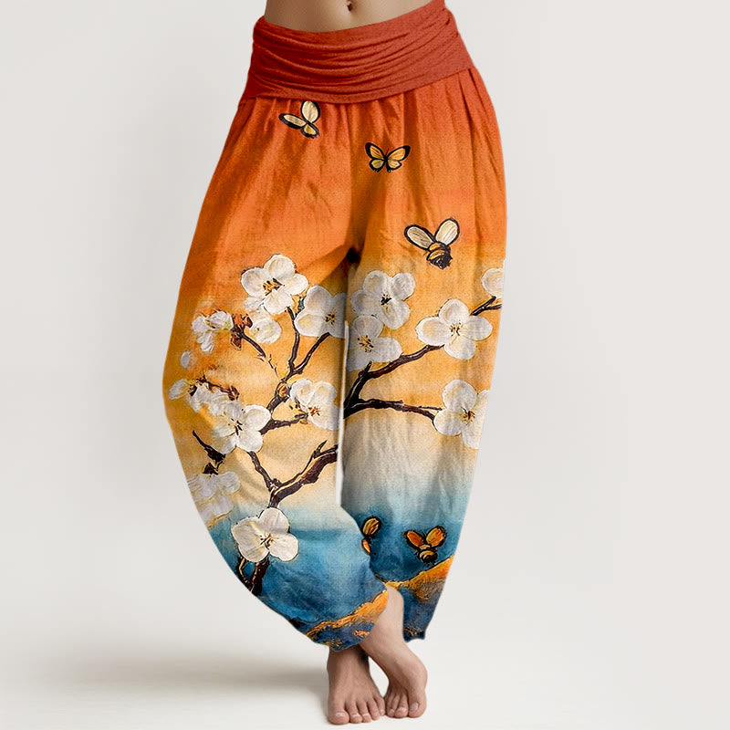 Nimara Ritual Cotton Colourful Flower Butterfly Bee Pattern Women's Elastic Waist Harem Pants