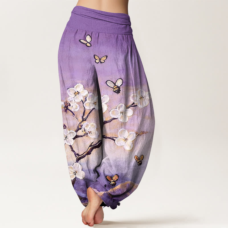 Nimara Ritual Cotton Colourful Flower Butterfly Bee Pattern Women's Elastic Waist Harem Pants