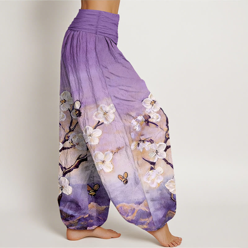 Nimara Ritual Cotton Colourful Flower Butterfly Bee Pattern Women's Elastic Waist Harem Pants