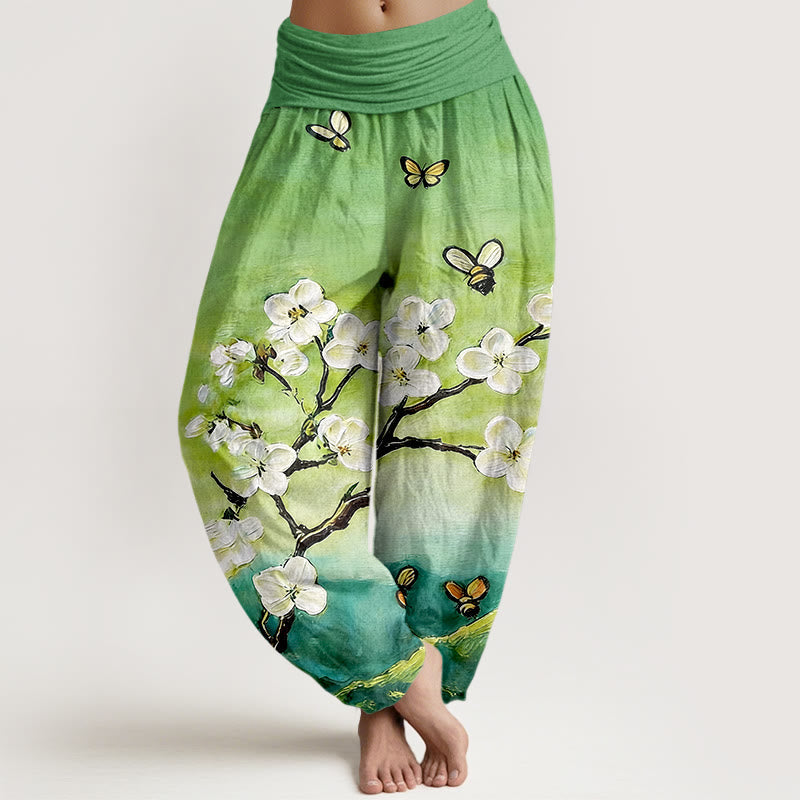 Nimara Ritual Cotton Colourful Flower Butterfly Bee Pattern Women's Elastic Waist Harem Pants