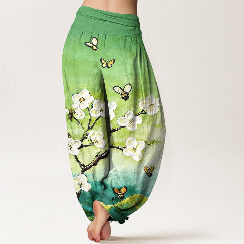 Nimara Ritual Cotton Colourful Flower Butterfly Bee Pattern Women's Elastic Waist Harem Pants