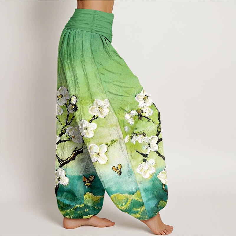 Nimara Ritual Cotton Colourful Flower Butterfly Bee Pattern Women's Elastic Waist Harem Pants