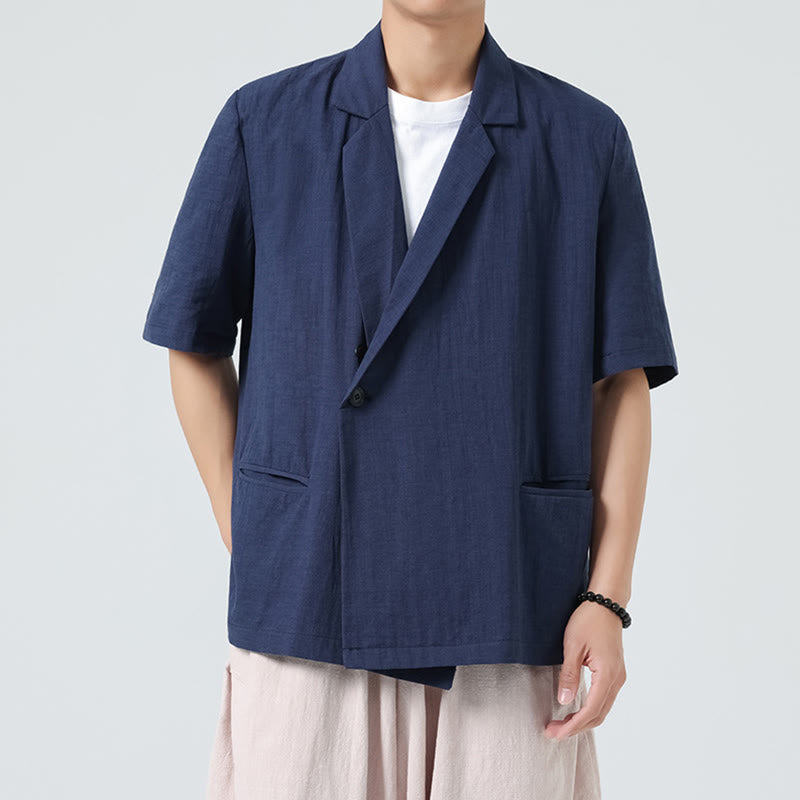 Nimara Ritual Spring Plain Asymmetrical Lapel Collar Short Sleeve Men's Cotton Linen Shirt With Pockets