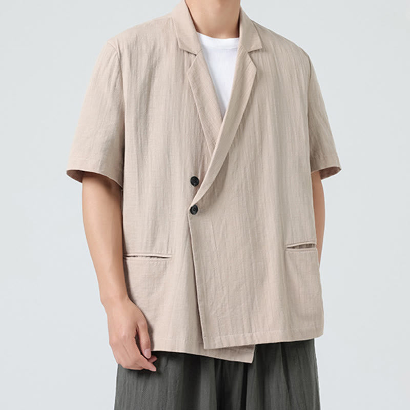Nimara Ritual Spring Plain Asymmetrical Lapel Collar Short Sleeve Men's Cotton Linen Shirt With Pockets