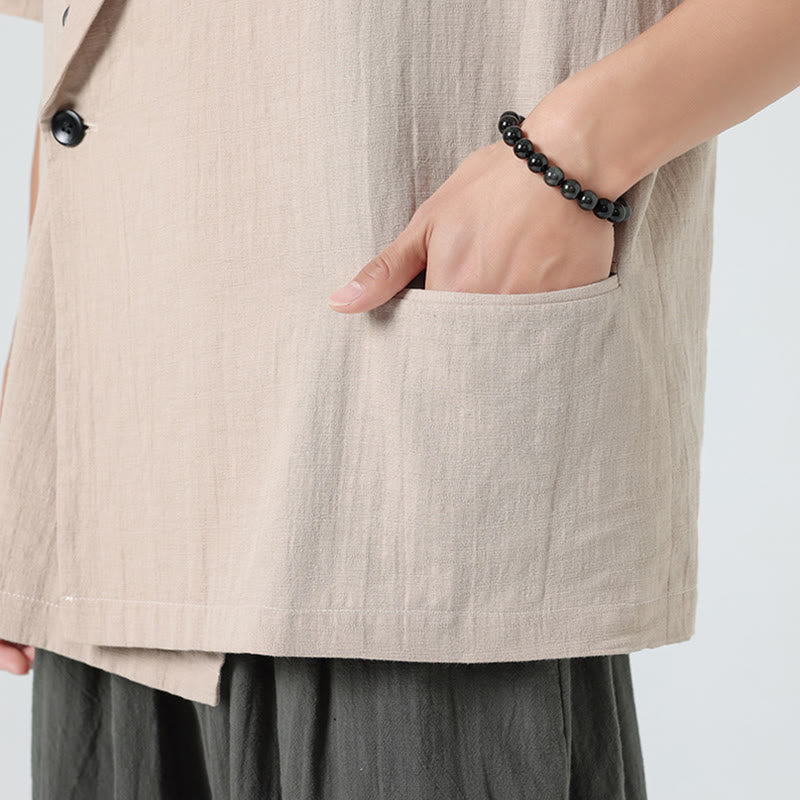 Nimara Ritual Spring Plain Asymmetrical Lapel Collar Short Sleeve Men's Cotton Linen Shirt With Pockets