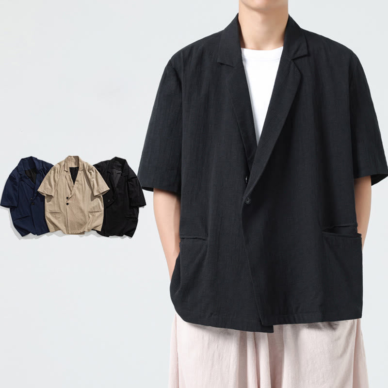 Nimara Ritual Spring Plain Asymmetrical Lapel Collar Short Sleeve Men's Cotton Linen Shirt With Pockets