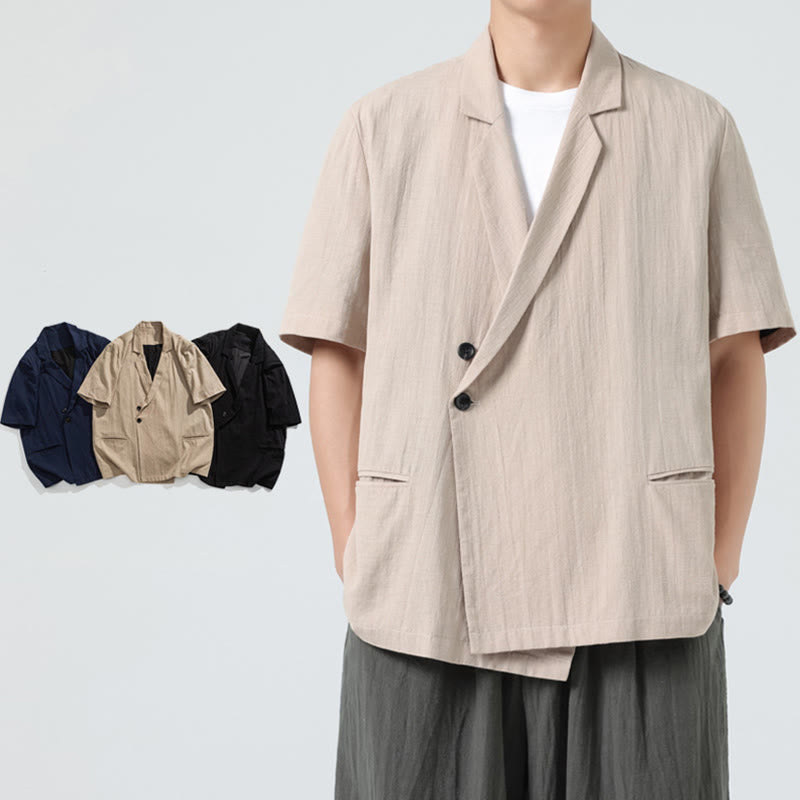 Nimara Ritual Spring Plain Asymmetrical Lapel Collar Short Sleeve Men's Cotton Linen Shirt With Pockets