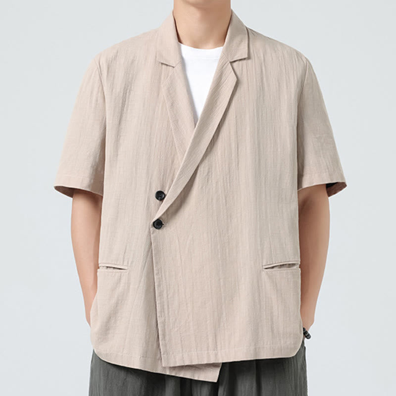 Nimara Ritual Spring Plain Asymmetrical Lapel Collar Short Sleeve Men's Cotton Linen Shirt With Pockets