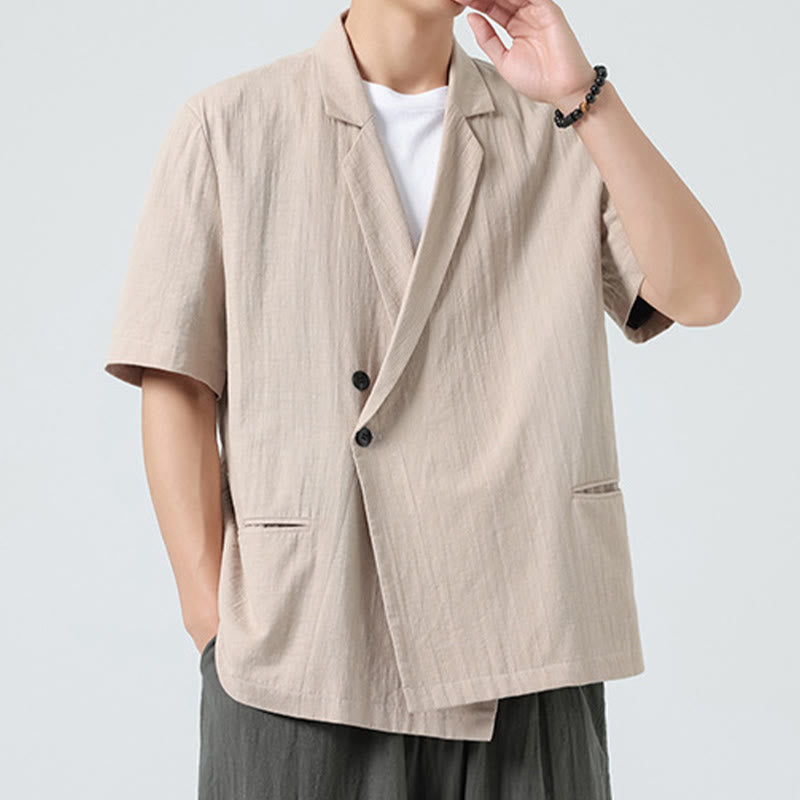 Nimara Ritual Spring Plain Asymmetrical Lapel Collar Short Sleeve Men's Cotton Linen Shirt With Pockets