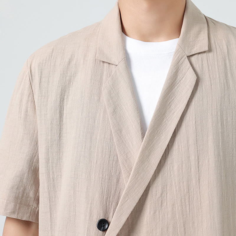 Nimara Ritual Spring Plain Asymmetrical Lapel Collar Short Sleeve Men's Cotton Linen Shirt With Pockets
