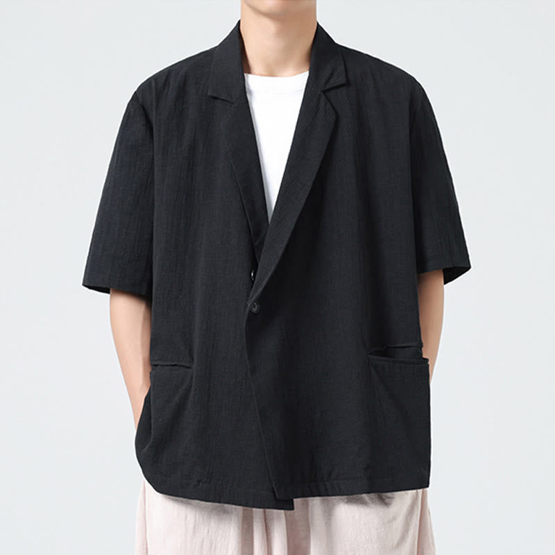 Nimara Ritual Spring Plain Asymmetrical Lapel Collar Short Sleeve Men's Cotton Linen Shirt With Pockets