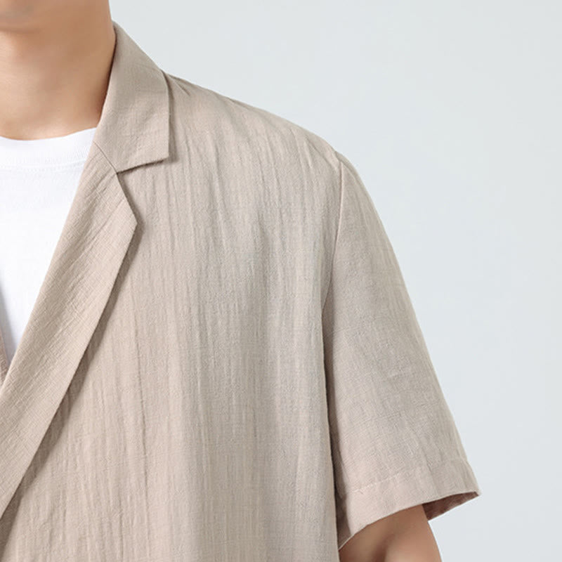 Nimara Ritual Spring Plain Asymmetrical Lapel Collar Short Sleeve Men's Cotton Linen Shirt With Pockets