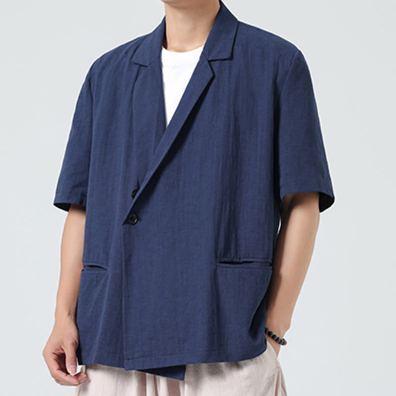 Nimara Ritual Spring Plain Asymmetrical Lapel Collar Short Sleeve Men's Cotton Linen Shirt With Pockets