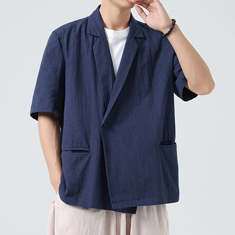 Nimara Ritual Spring Plain Asymmetrical Lapel Collar Short Sleeve Men's Cotton Linen Shirt With Pockets