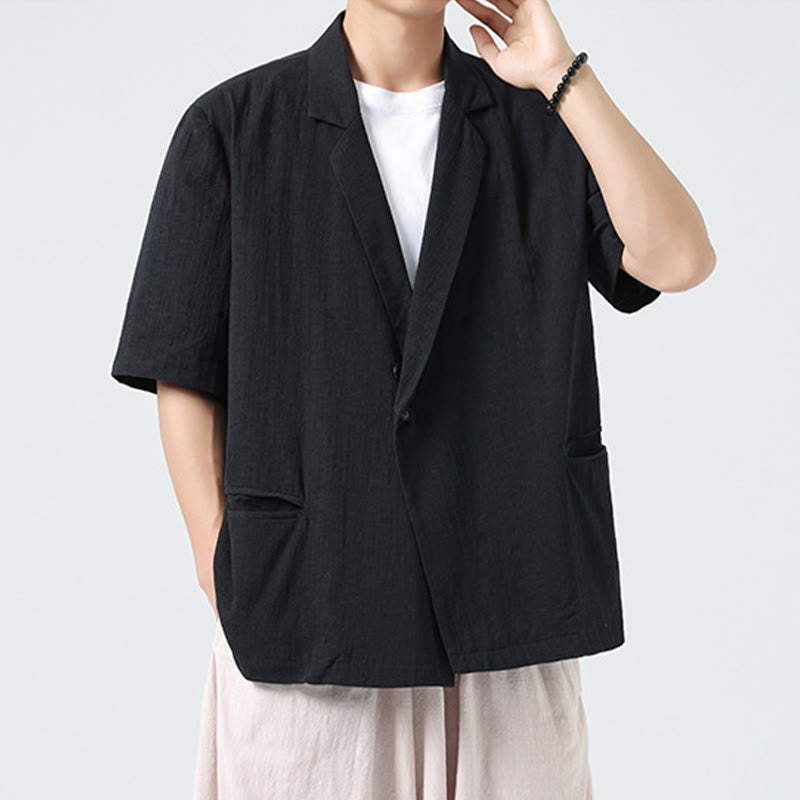Nimara Ritual Spring Plain Asymmetrical Lapel Collar Short Sleeve Men's Cotton Linen Shirt With Pockets