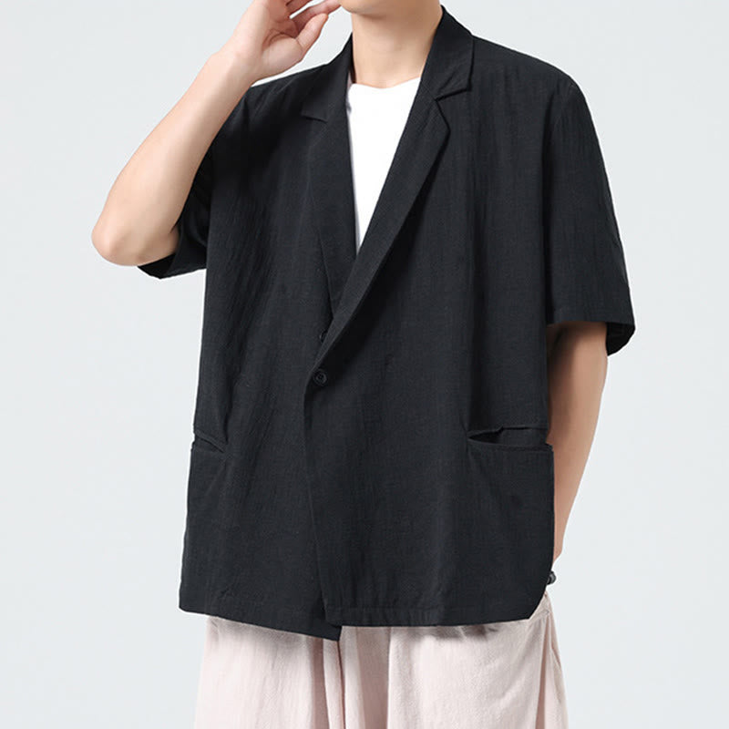 Nimara Ritual Spring Plain Asymmetrical Lapel Collar Short Sleeve Men's Cotton Linen Shirt With Pockets