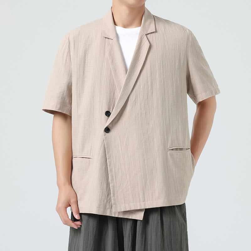 Nimara Ritual Spring Plain Asymmetrical Lapel Collar Short Sleeve Men's Cotton Linen Shirt With Pockets