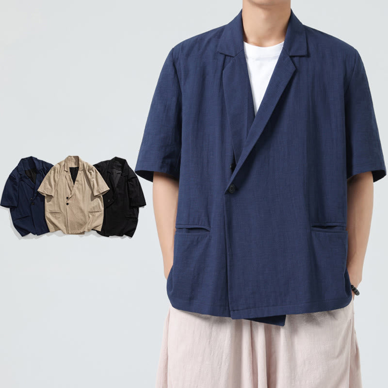 Nimara Ritual Spring Plain Asymmetrical Lapel Collar Short Sleeve Men's Cotton Linen Shirt With Pockets