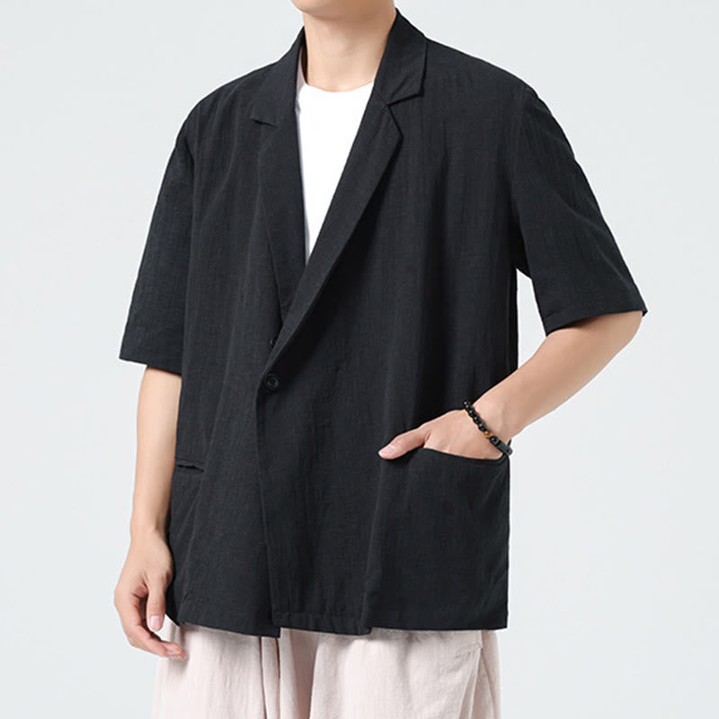 Nimara Ritual Spring Plain Asymmetrical Lapel Collar Short Sleeve Men's Cotton Linen Shirt With Pockets