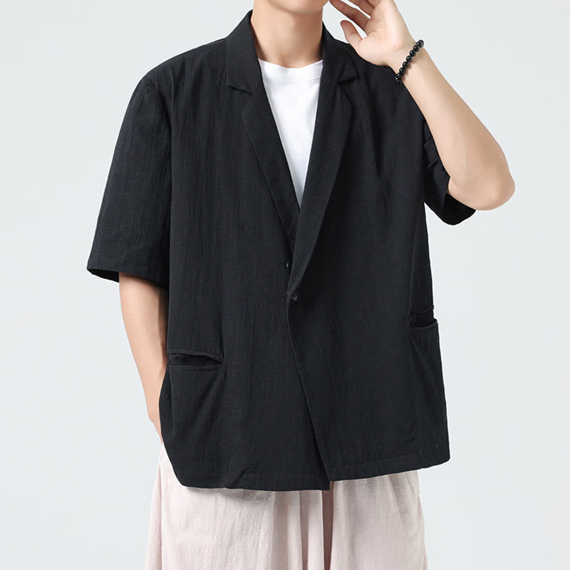 Nimara Ritual Spring Plain Asymmetrical Lapel Collar Short Sleeve Men's Cotton Linen Shirt With Pockets