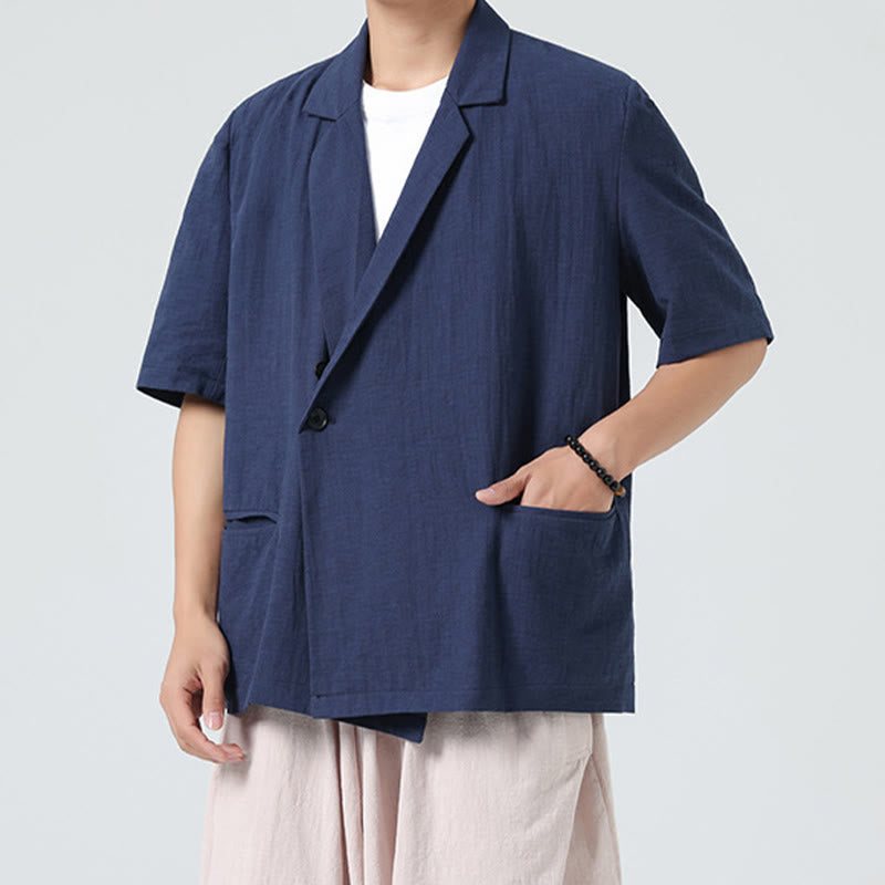 Nimara Ritual Spring Plain Asymmetrical Lapel Collar Short Sleeve Men's Cotton Linen Shirt With Pockets