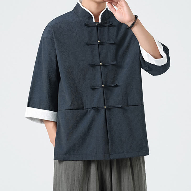 Nimara Ritual Spring Solid Color Three Quarter Sleeve Tang Suit Men's Buttons Shirt With Pockets
