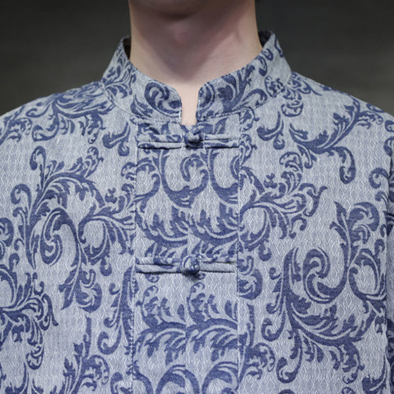 Nimara Ritual Summer Floral Vine Pattern Tang Suit Men's Frog-Button Short Sleeve Shirt With Pockets