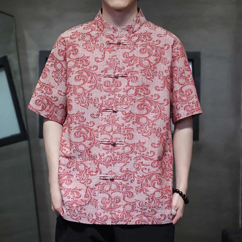 Nimara Ritual Summer Floral Vine Pattern Tang Suit Men's Frog-Button Short Sleeve Shirt With Pockets