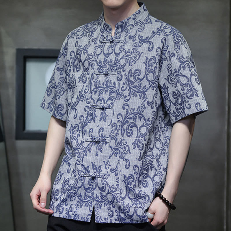 Nimara Ritual Summer Floral Vine Pattern Tang Suit Men's Frog-Button Short Sleeve Shirt With Pockets