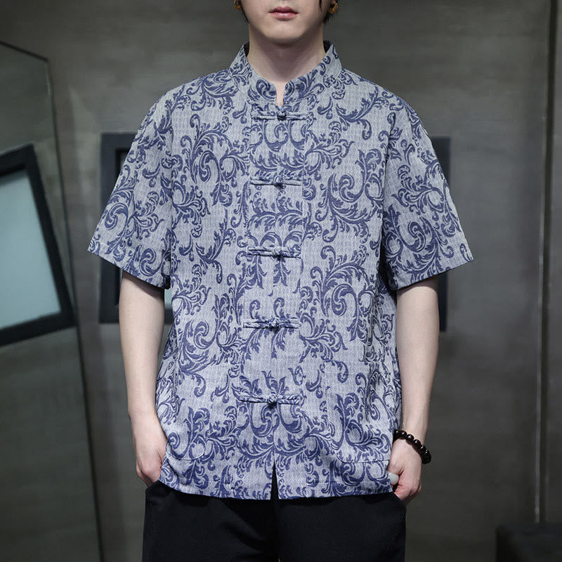 Nimara Ritual Summer Floral Vine Pattern Tang Suit Men's Frog-Button Short Sleeve Shirt With Pockets