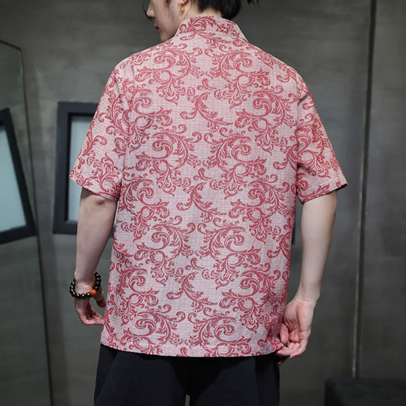 Nimara Ritual Summer Floral Vine Pattern Tang Suit Men's Frog-Button Short Sleeve Shirt With Pockets