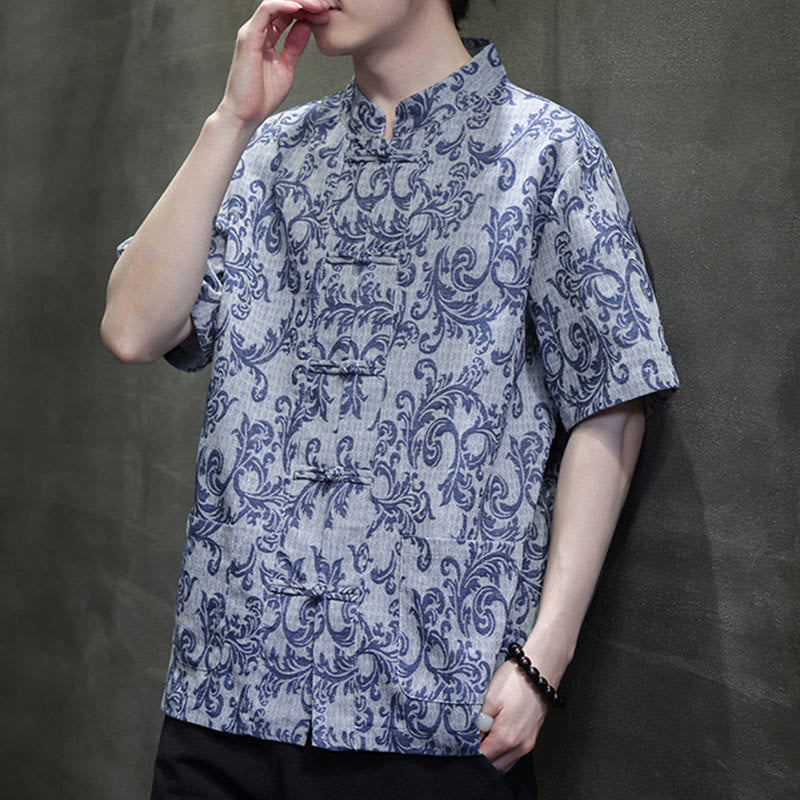 Nimara Ritual Summer Floral Vine Pattern Tang Suit Men's Frog-Button Short Sleeve Shirt With Pockets