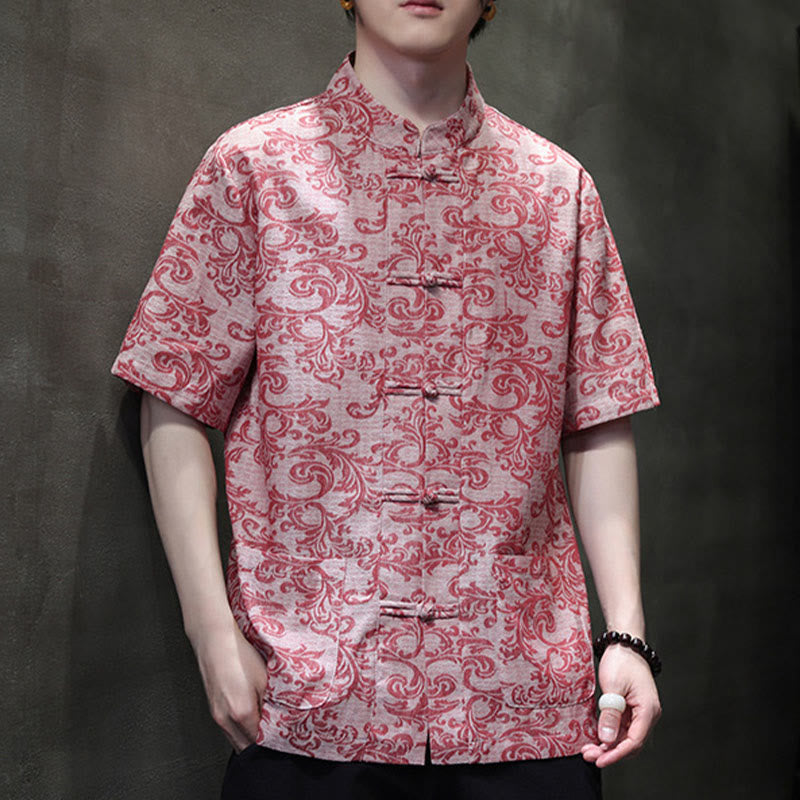 Nimara Ritual Summer Floral Vine Pattern Tang Suit Men's Frog-Button Short Sleeve Shirt With Pockets