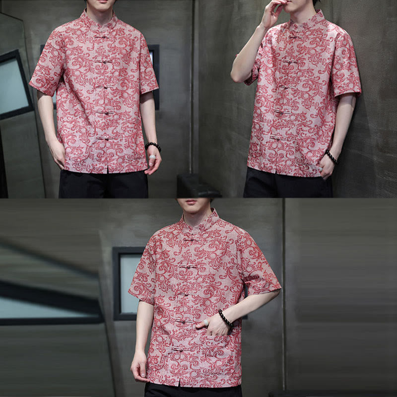 Nimara Ritual Summer Floral Vine Pattern Tang Suit Men's Frog-Button Short Sleeve Shirt With Pockets