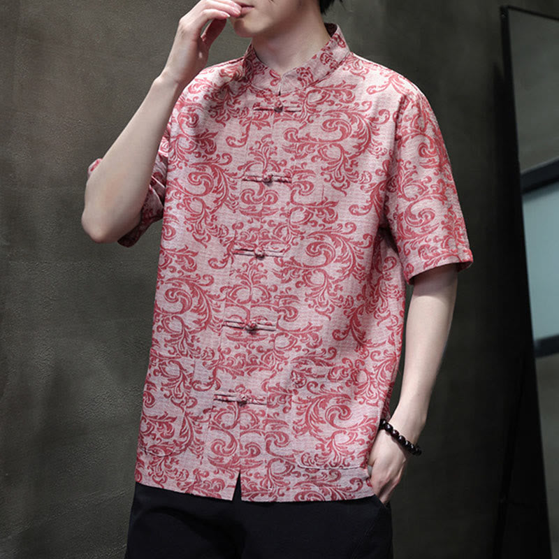 Nimara Ritual Summer Floral Vine Pattern Tang Suit Men's Frog-Button Short Sleeve Shirt With Pockets