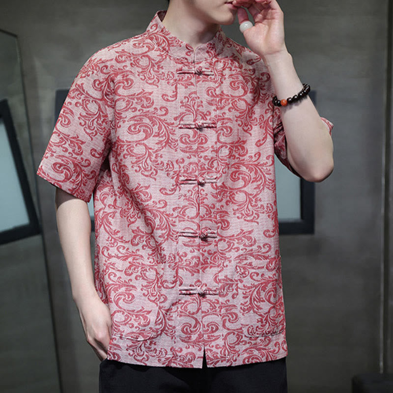 Nimara Ritual Summer Floral Vine Pattern Tang Suit Men's Frog-Button Short Sleeve Shirt With Pockets